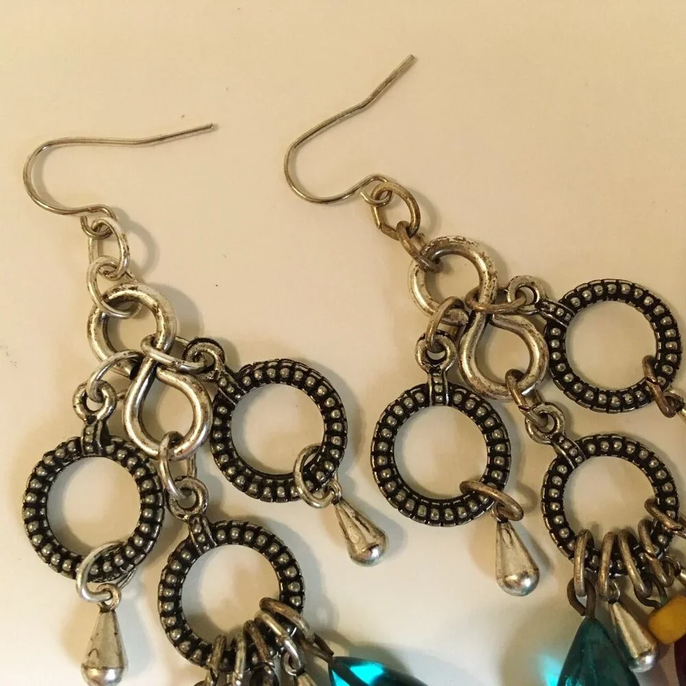 Teardrop Earrings Teal Red Beaded Drops Textured Silver Tone Metal Rings Dangle